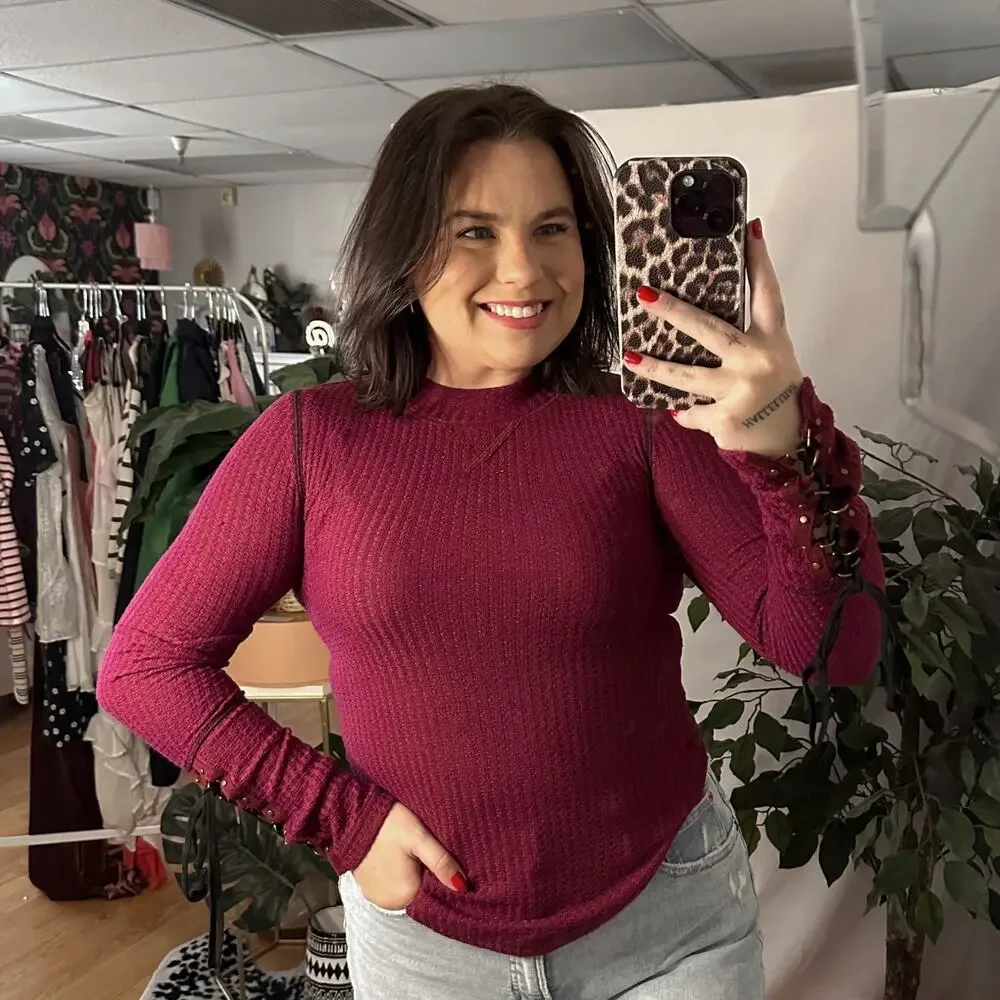 free people maroon ribbed waffle knit thermal mock neck